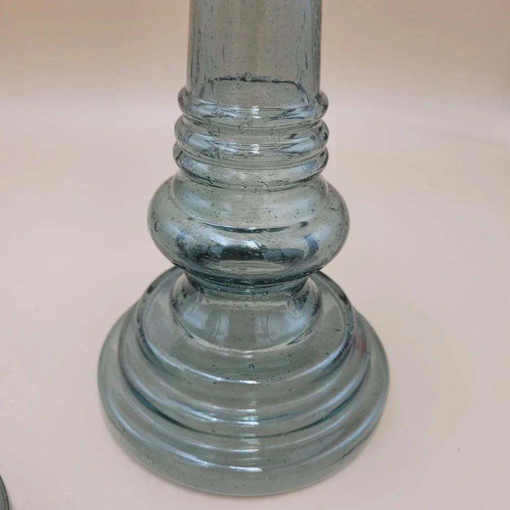Green Seeded Crackle Glass Pillar Candle Holders Silver Trim Set of 2 8.5 Inch